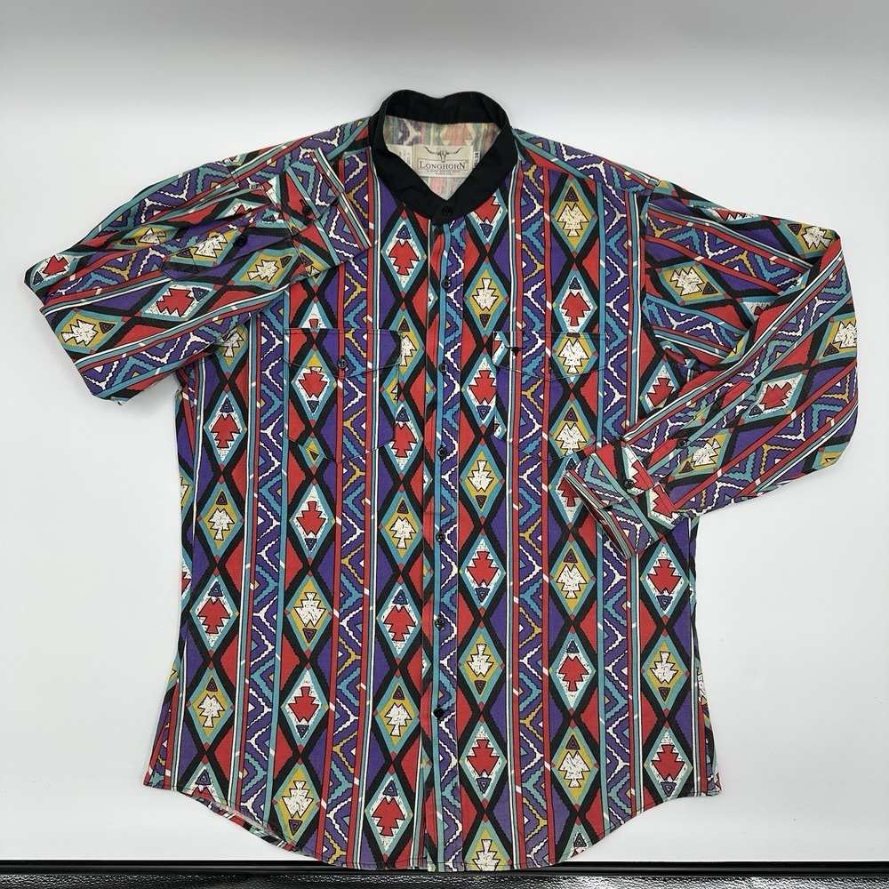 Vtg Longhorn Niver Aztec Shirt Cowboy Rodeo Western Retro Mens Large L‎ USA Made